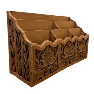 Vintage LERNER Carved Faux Wood Letter Holder Mail Organizer Desk Storage Caddy
